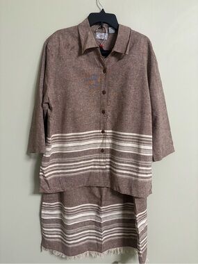 Caran New York 2 Piece Brown Beige Linen Cotton Skirt Suit Size 1X Career Resort